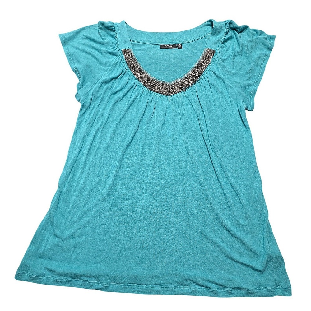 Apt. 9 Womens Teal Blue Beaded Scoop Neck Rayon Top Size M Short Sleeve Blouse